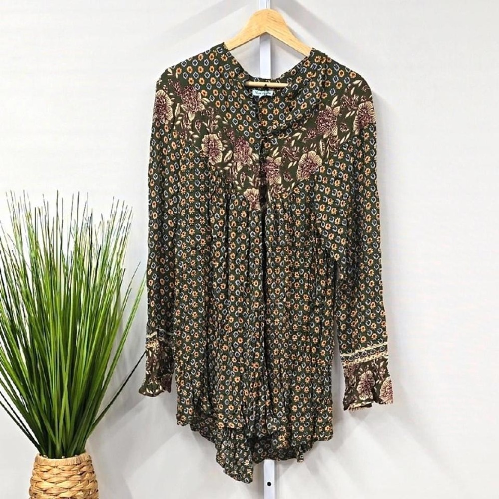 NWT Nostalgia Womens XL Green Floral Mixed Print Boho Rayon Button Tunic Top